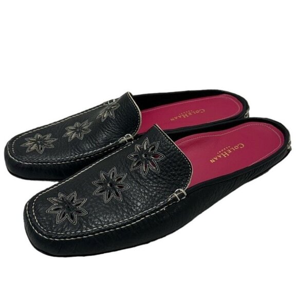 Cole Haan Womens 7.5 Black Pebbled Cut Out Leather Mules Slip On Driving Shoe - Picture 1 of 11